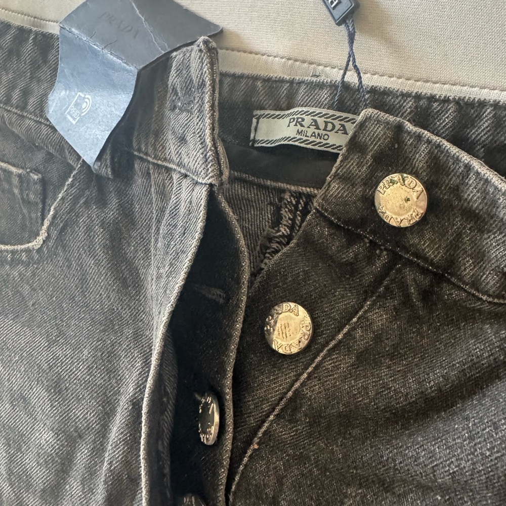Prada Women’s Straight Leg Jeans in Washed Black with Branded Buttons